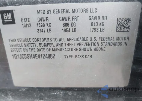 2014 Chevrolet Sonic Lt Auto z USA, uszkodzony, nr VIN 1G1JC5SH4E4124082